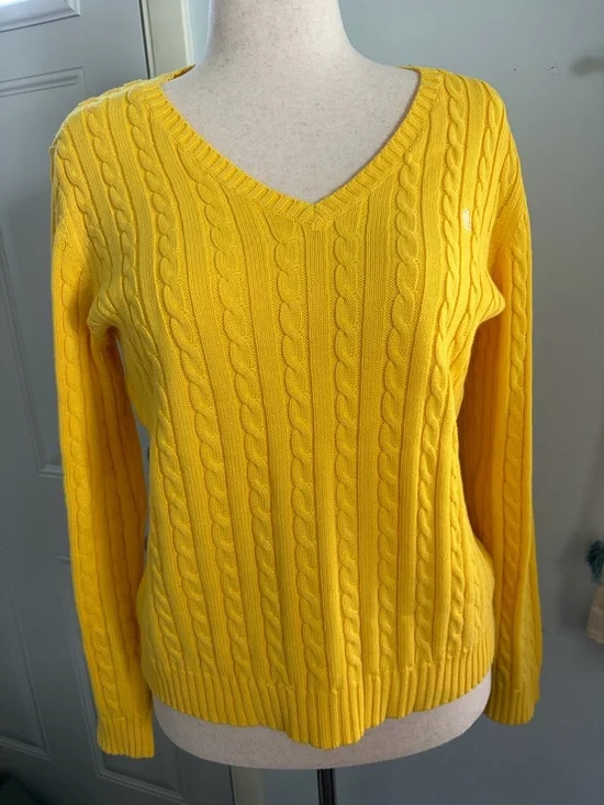 Lauren Ralph Lauren Cotton Bright Yellow V-neck Cable Knit Sweater - Picture 12 of 12